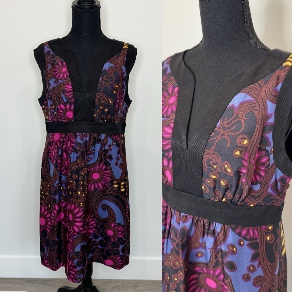 Trina Turk Multi Color V-Neck Floral 100% Silk Midi Dress (Sz 10)